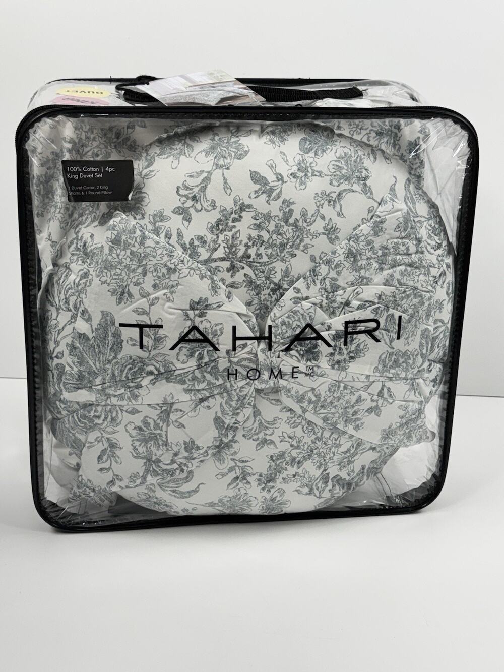 New Tahari Home 4PC KING Duvet Cover Steel Gray Shams Round Bow Pillow